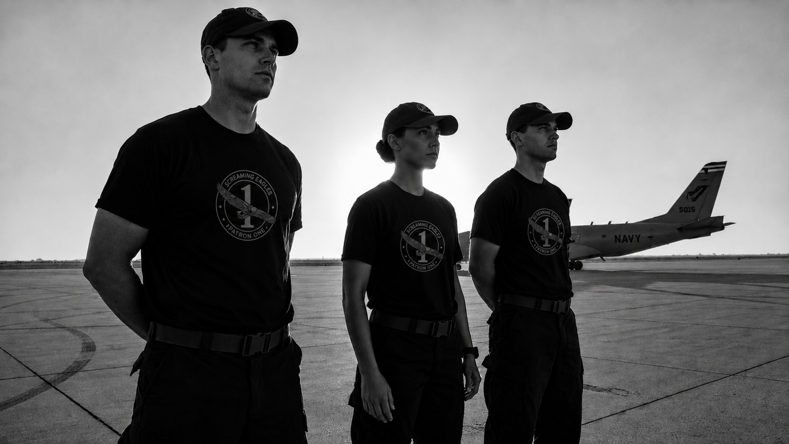 Navy flight crew on deck with custom t-shirts
